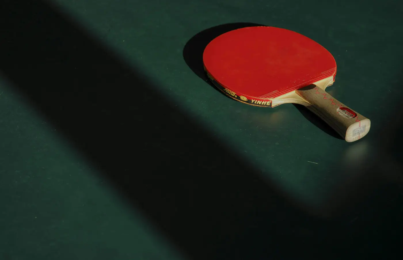 A table tennis paddle and ball on a table