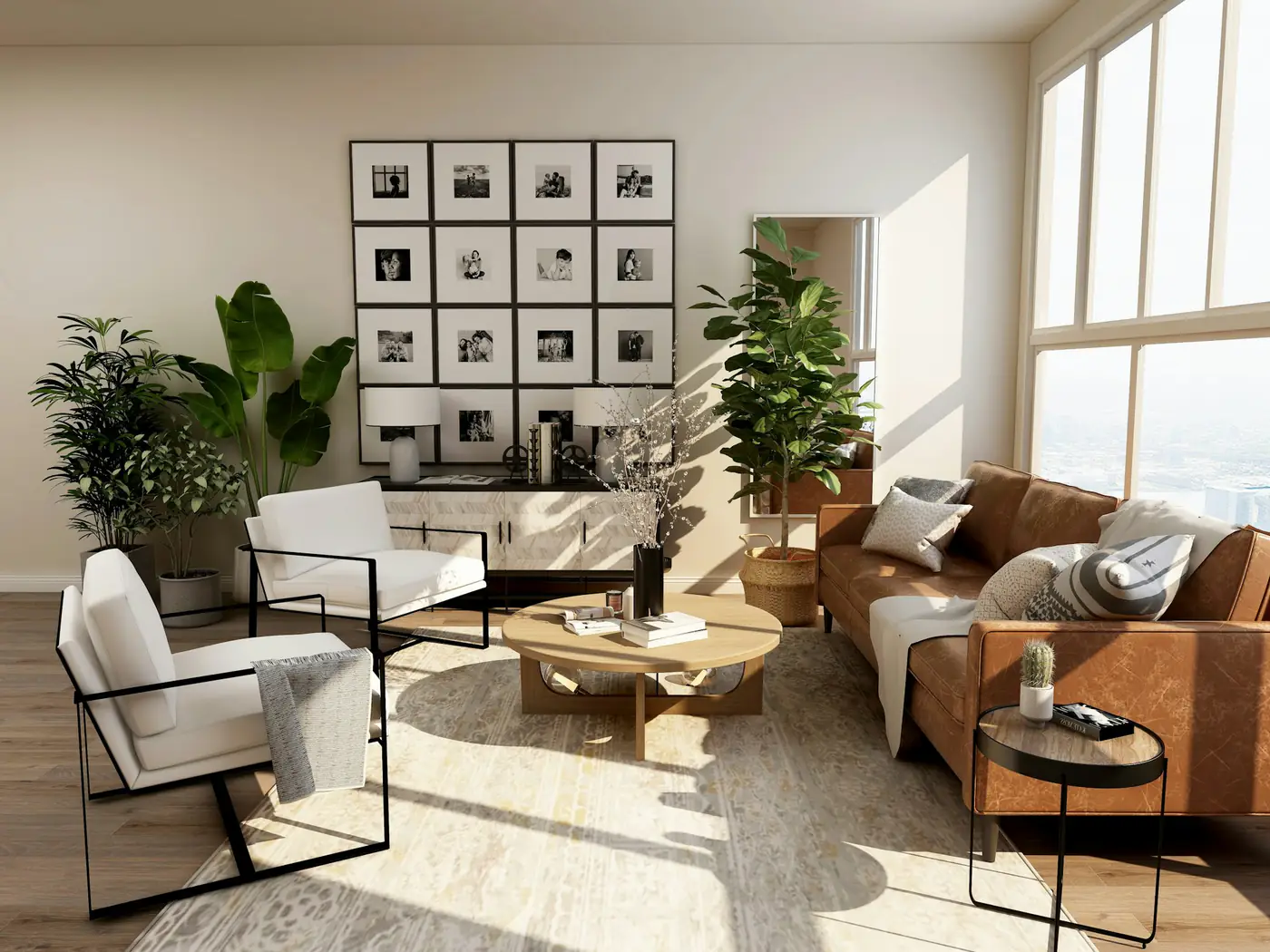 A bright living room with soft furnishings and large windows