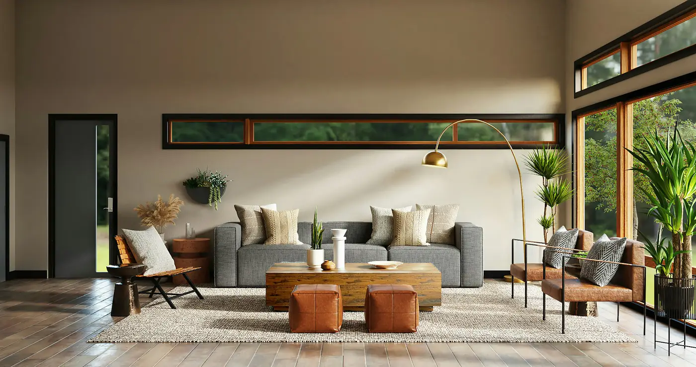 A lounge with low sofas and warm wooden tones