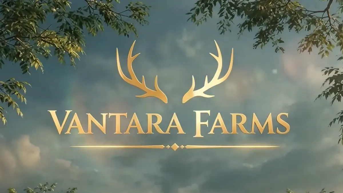 The Vantara Farms antler logo against a cloudy sky framed by trees